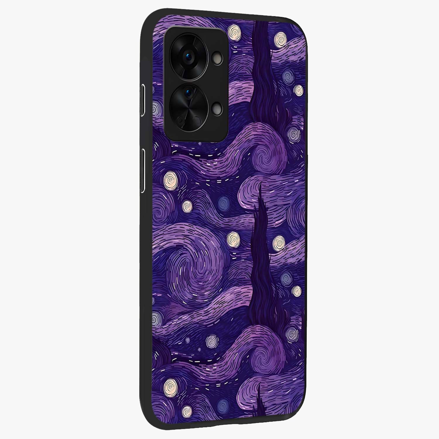 Purple Swirls Glass Case for 1+Nord 2T side perspective highlighting fluid textures and sleek premium build