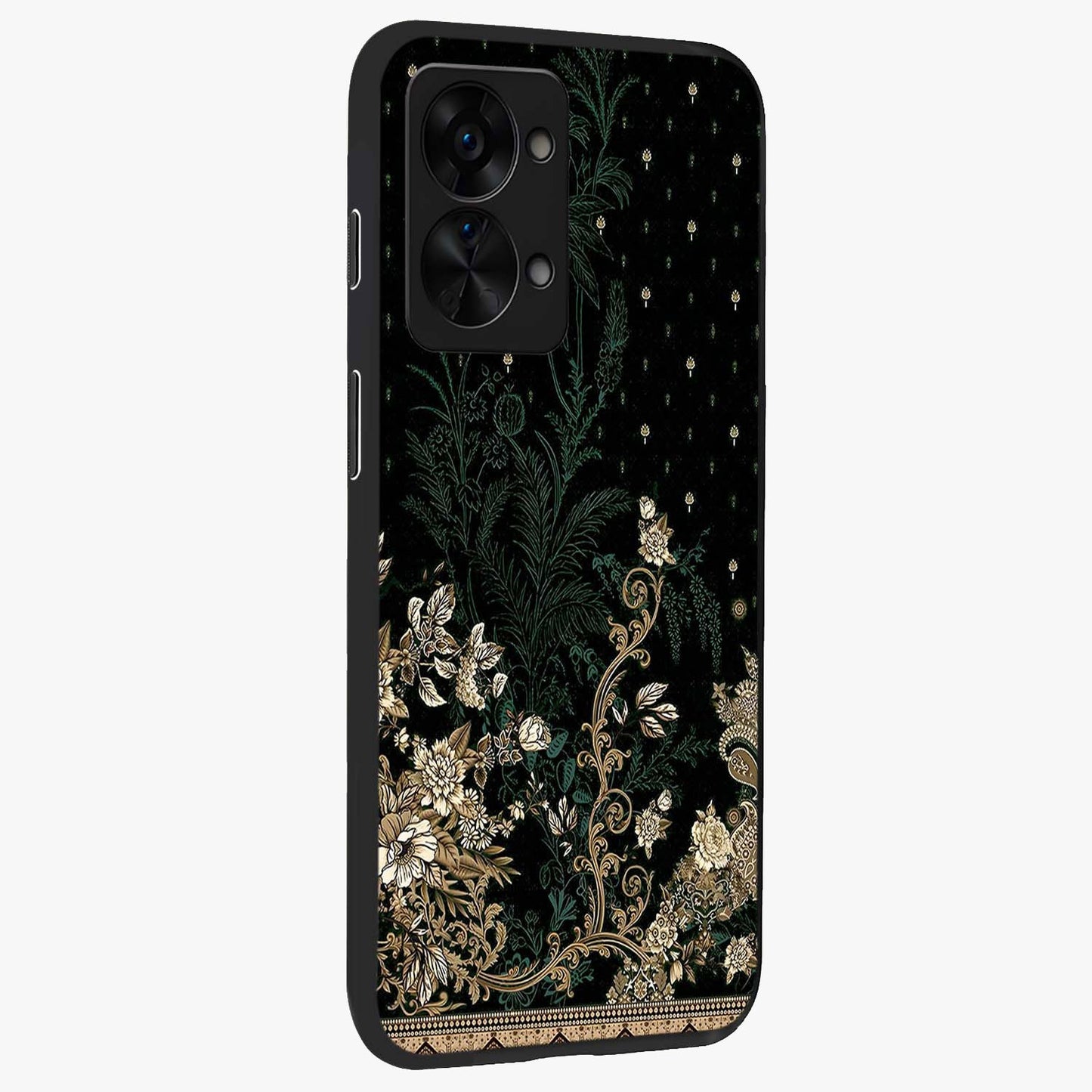 Regal Botanical Tapestry Glass Case for 1+Nord 2T side perspective highlighting detailed floral textures and sleek premium build