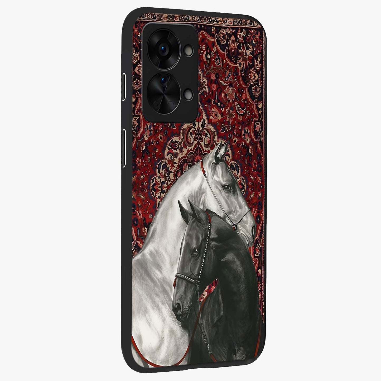 Regal Stallion Tapestry Glass Case for 1+Nord 2T side perspective highlighting intricate equestrian textures and premium edges