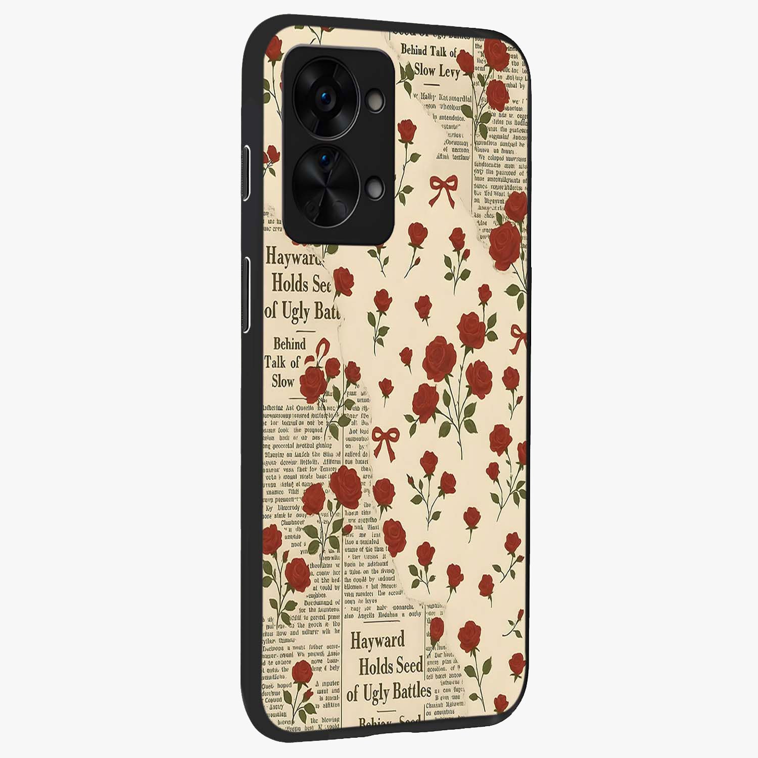 Retro Rose Journal Glass Case for 1+Nord 2T side perspective highlighting delicate floral textures and premium edges