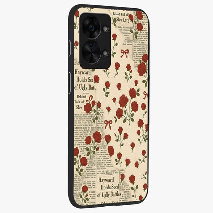 Retro Rose Journal Glass Case for 1+Nord 2T side perspective highlighting delicate floral textures and premium edges