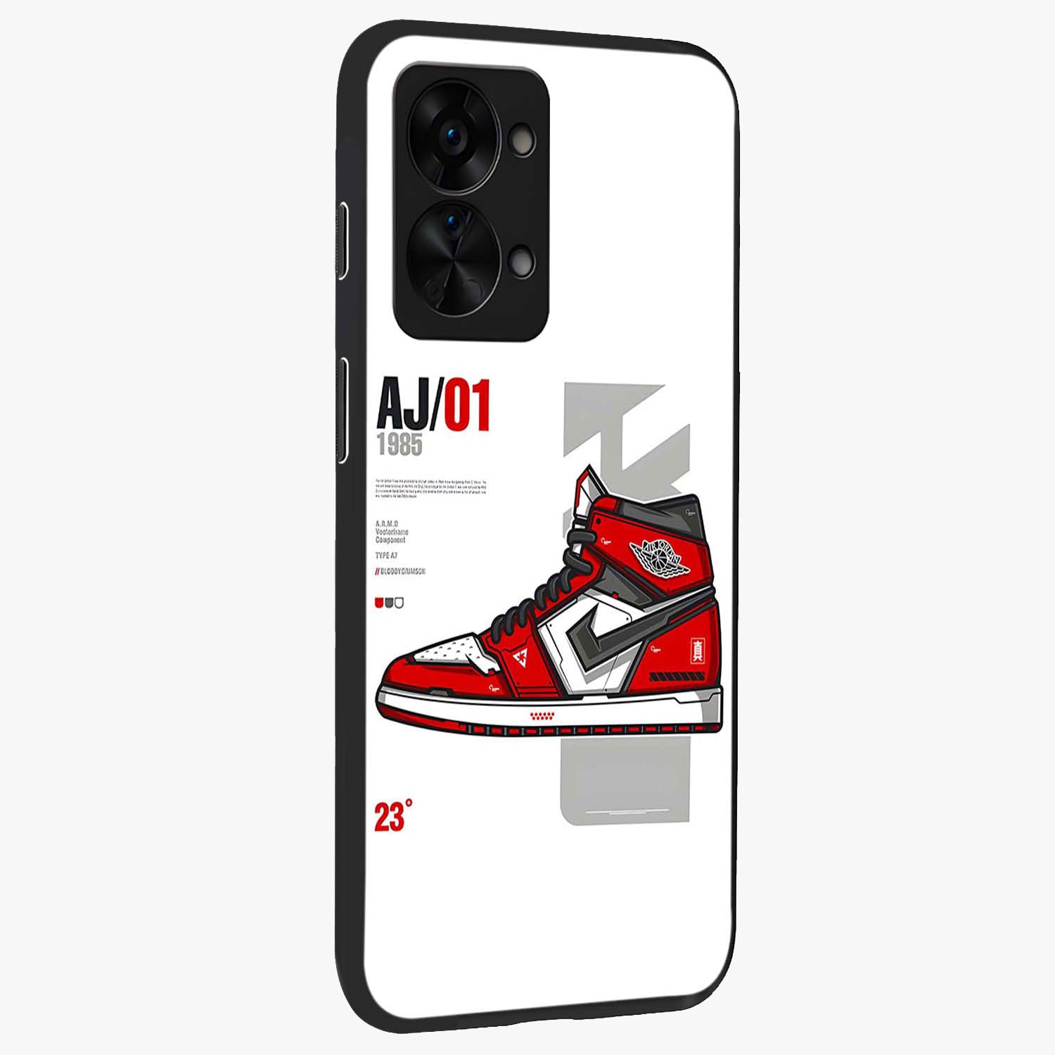 Retro Sneaker Blueprint Glass Case for 1+Nord 2T side perspective highlighting sharp graphic textures and sleek build