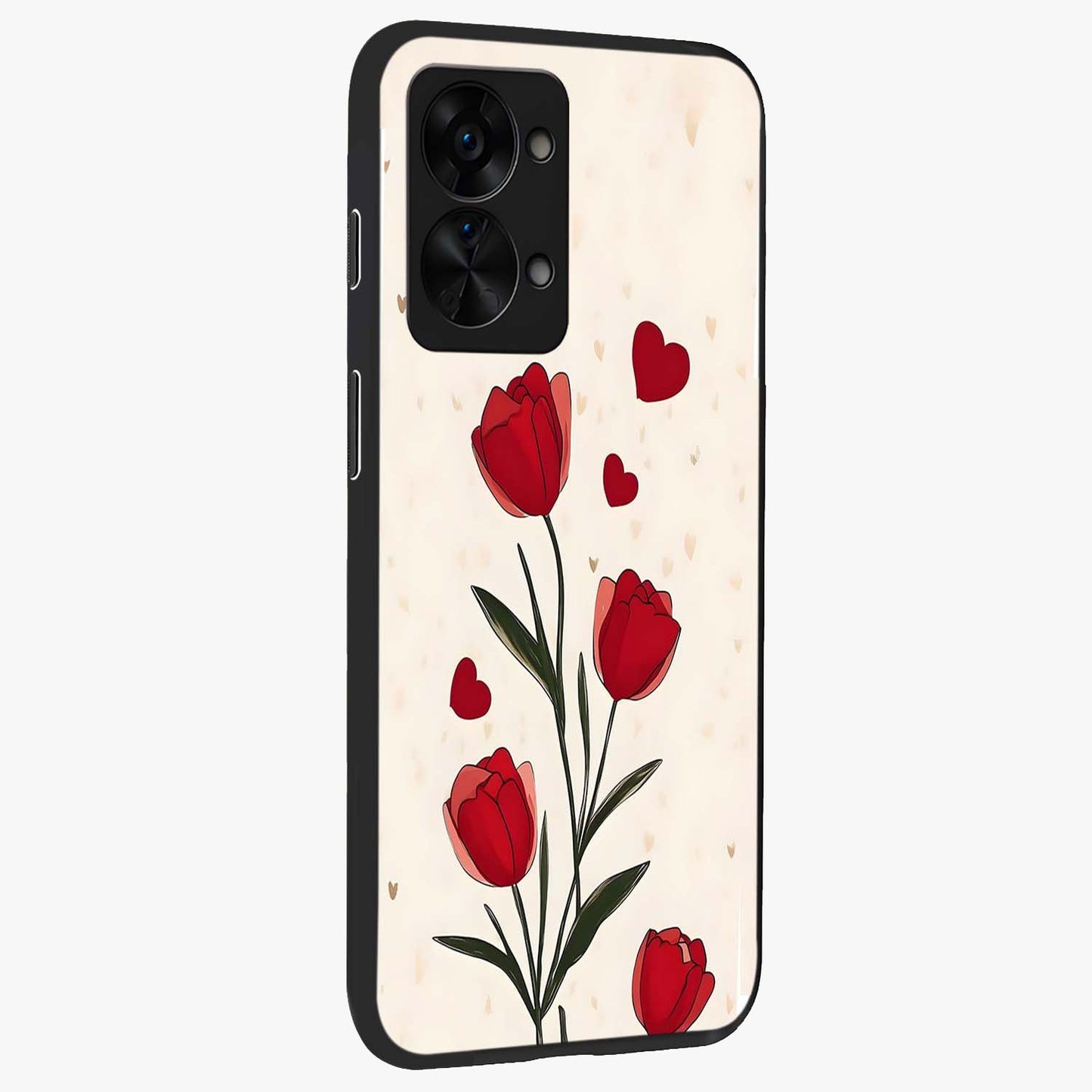 Romantic Tulip Hearts Glass Case for 1+Nord 2T side perspective highlighting delicate bloom textures and premium edges