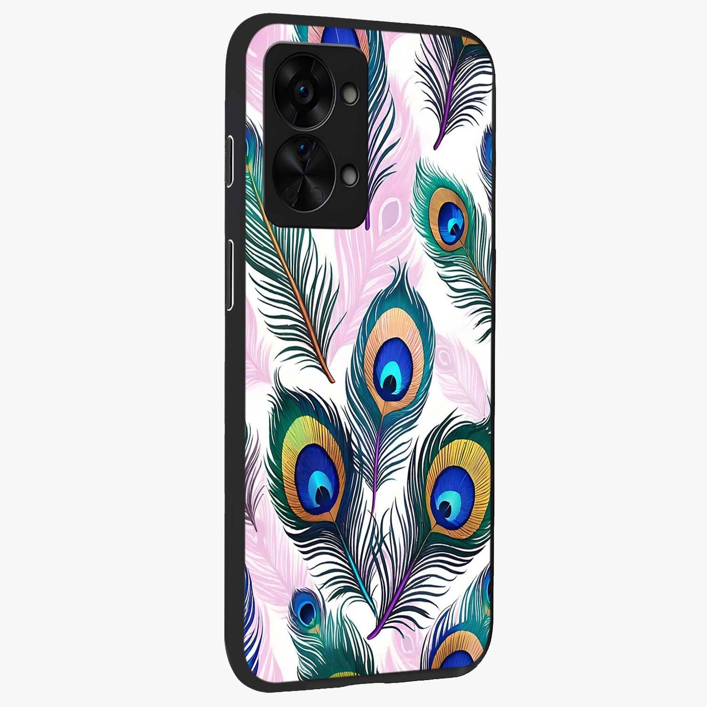 Royal Peacock Feathers Glass Case for 1+Nord 2T side perspective highlighting intricate plume textures and sleek premium build