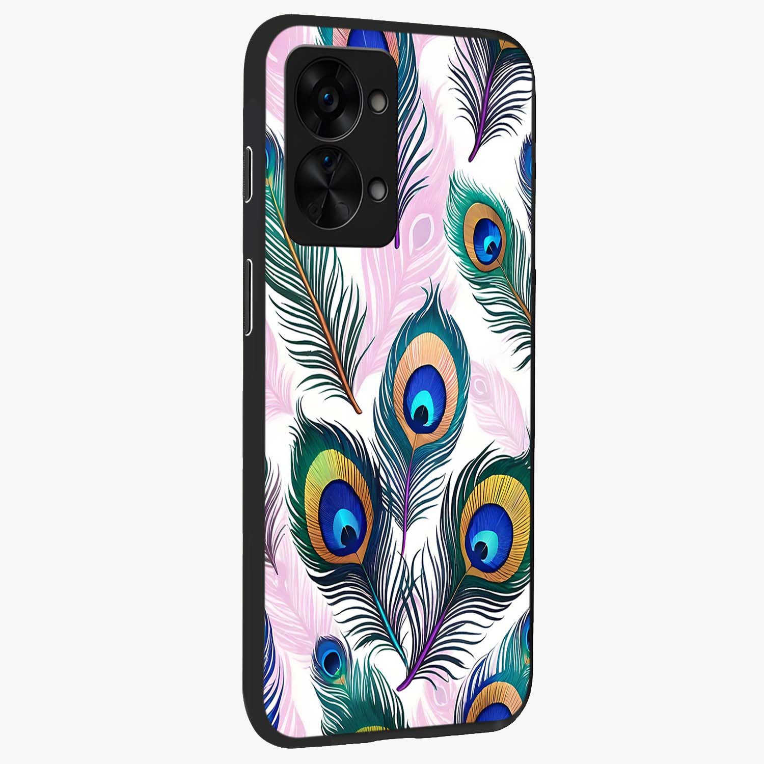 Royal Peacock Feathers Glass Case for 1+Nord 2T side perspective highlighting intricate plume textures and sleek premium build