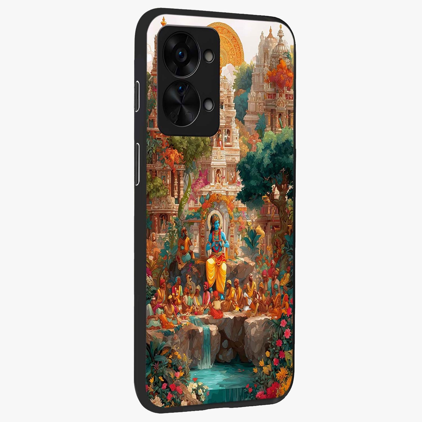 Sacred Sunlight Gods Glass Case for 1+Nord 2T side perspective highlighting intricate spiritual detailing and smooth build
