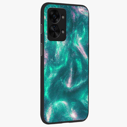 Shimmering Nebula Waves Glass Case for 1+Nord 2T side perspective highlighting luminous textures and smooth build