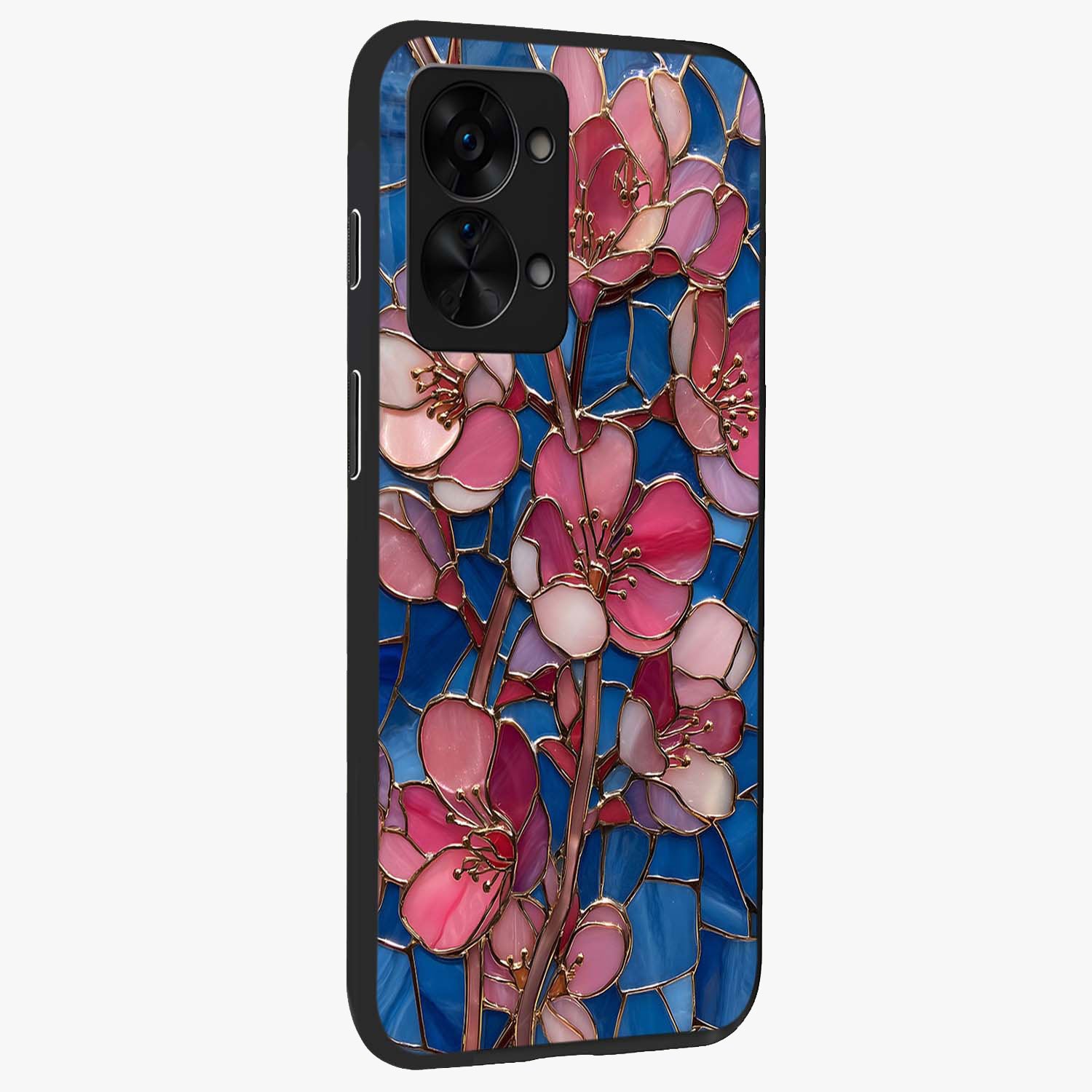 Stained Bloom Grace Glass Case for 1+Nord 2T side perspective highlighting intricate bloom textures and smooth premium build