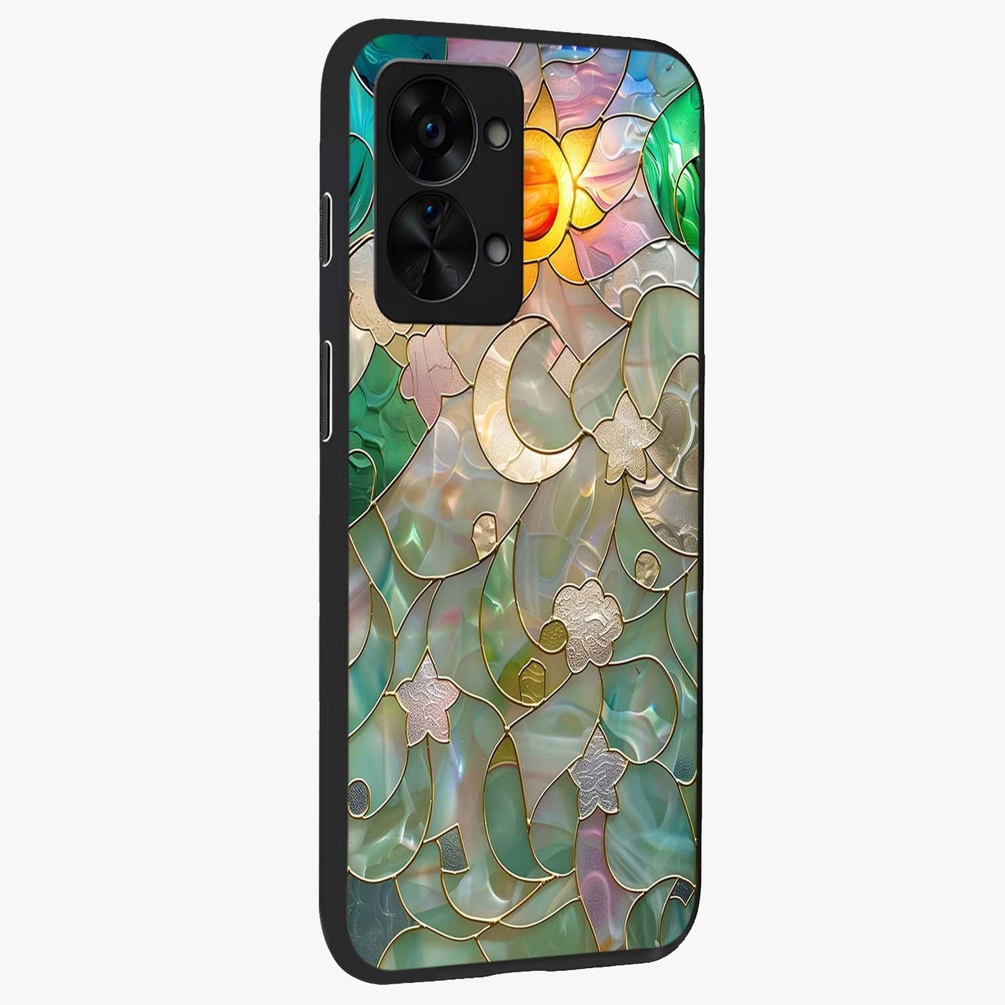 Stained Sunrise Glow Glass Case for 1+Nord 2T side perspective highlighting luminous textures and sleek premium build