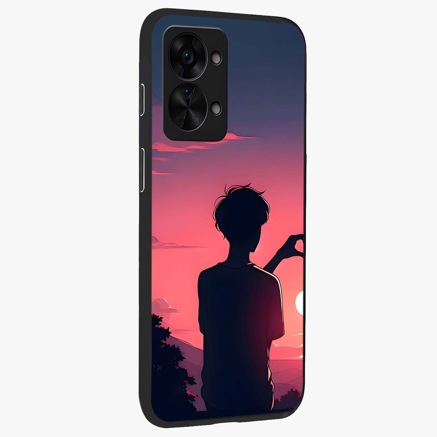 Sunset Silhouette Girl Glass Case for 1+Nord 2T side perspective highlighting soft scenic textures and sleek premium build