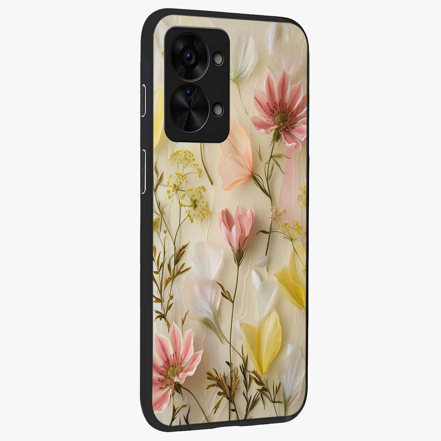 Whispering Petal Harmony Glass Case for 1+Nord 2T side perspective highlighting refined textures and premium edges
