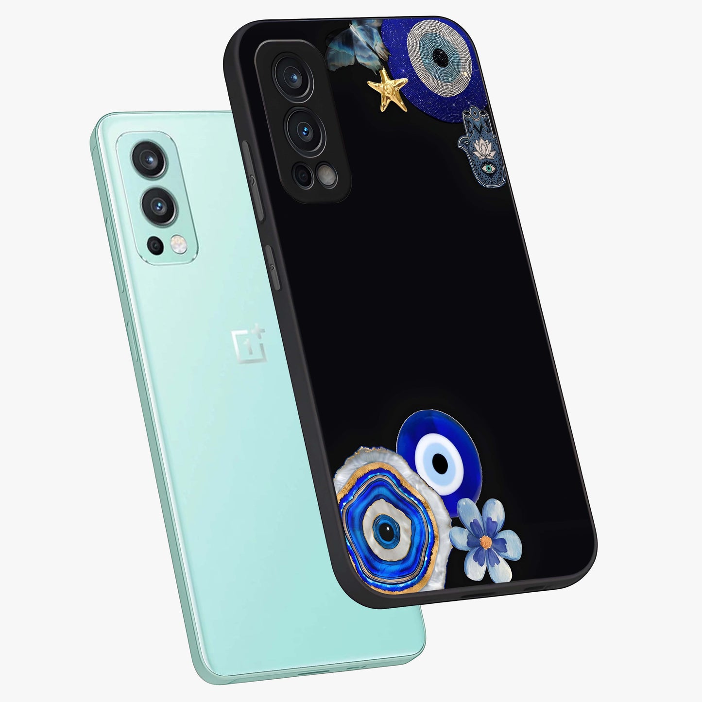 Aesthetic Blue Evil Eye Glass Case displayed in angled mockup highlighting blue evil eye symbol and spiritual aesthetic design.