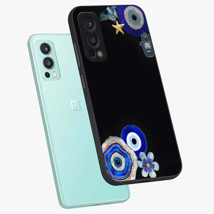 Aesthetic Blue Evil Eye Glass Case displayed in angled mockup highlighting blue evil eye symbol and spiritual aesthetic design.