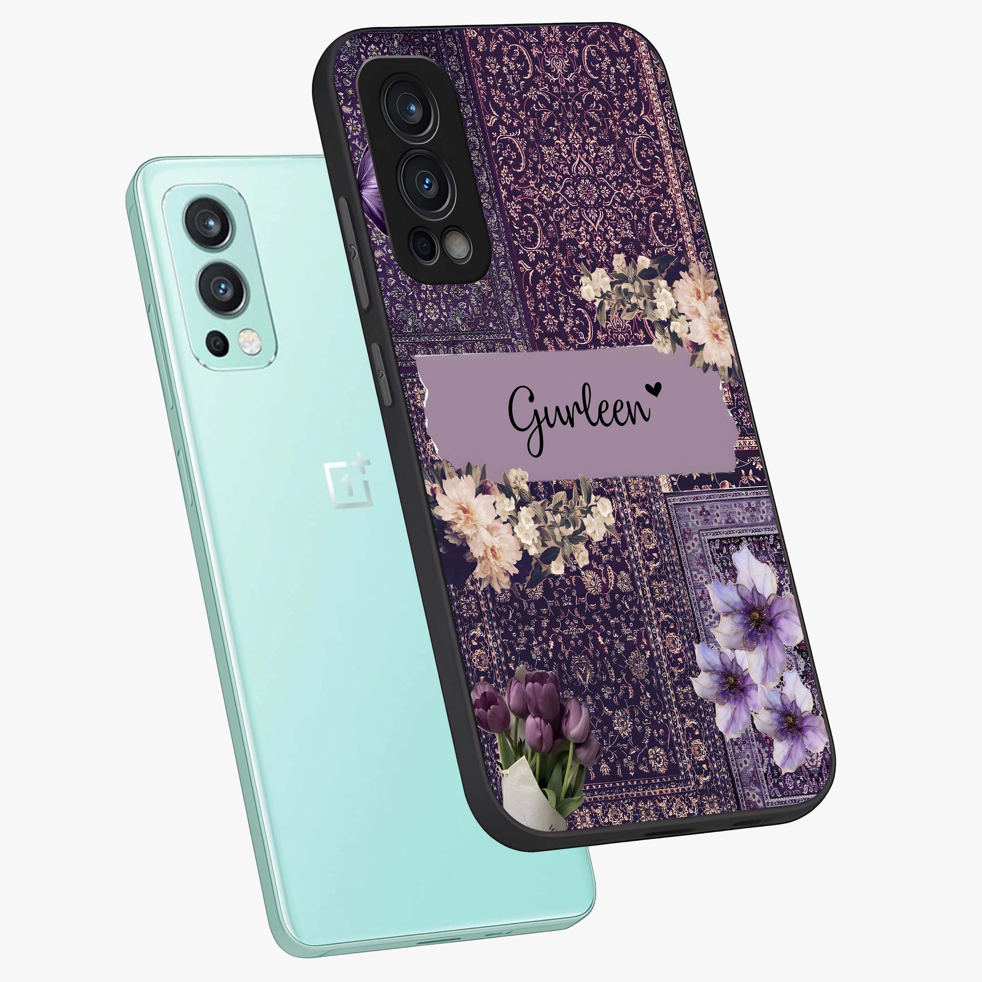 Antique Floral Whisper Custom Name Glass Case displayed in angled mockup highlighting elegant antique floral aesthetic.