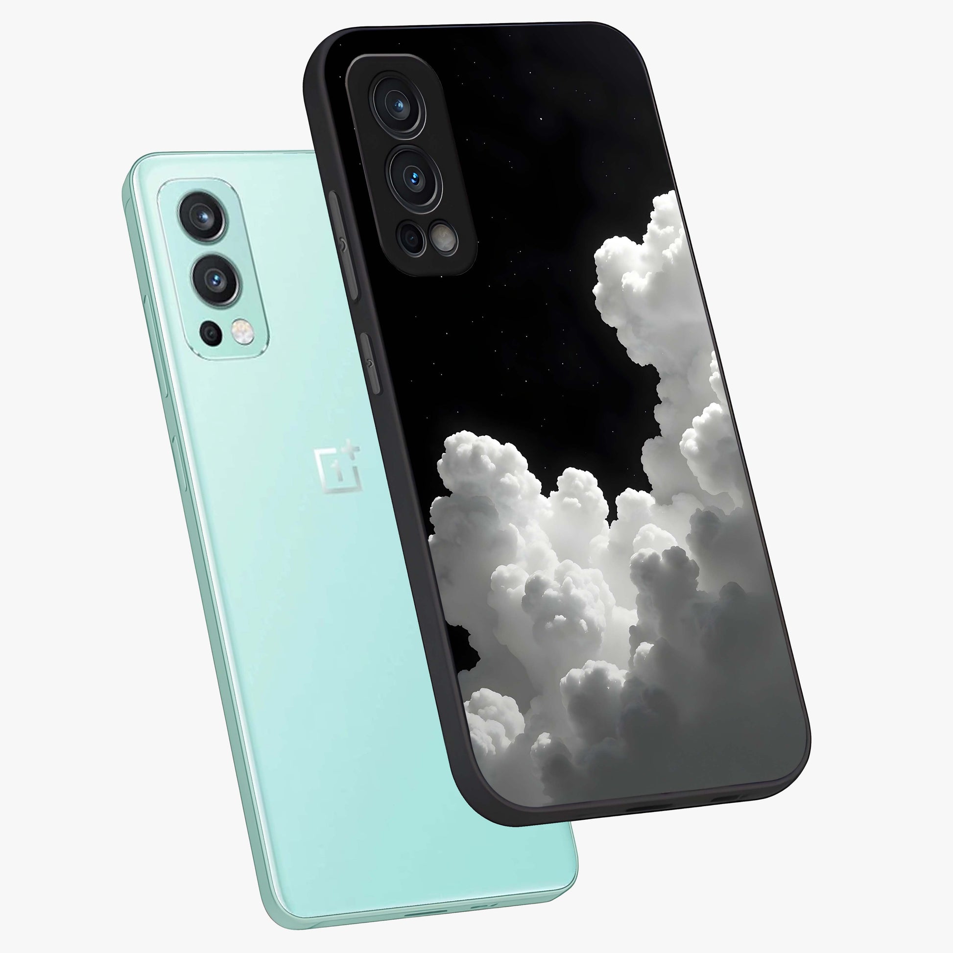 Black Background With White Cloud Glass Case displayed in angled mockup highlighting soft white cloud illustration and minimal design.
