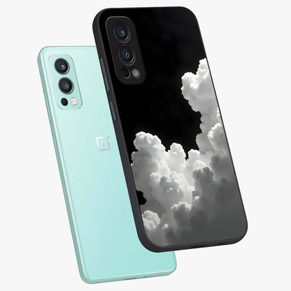 Black Background With White Cloud Glass Case displayed in angled mockup highlighting soft white cloud illustration and minimal design.