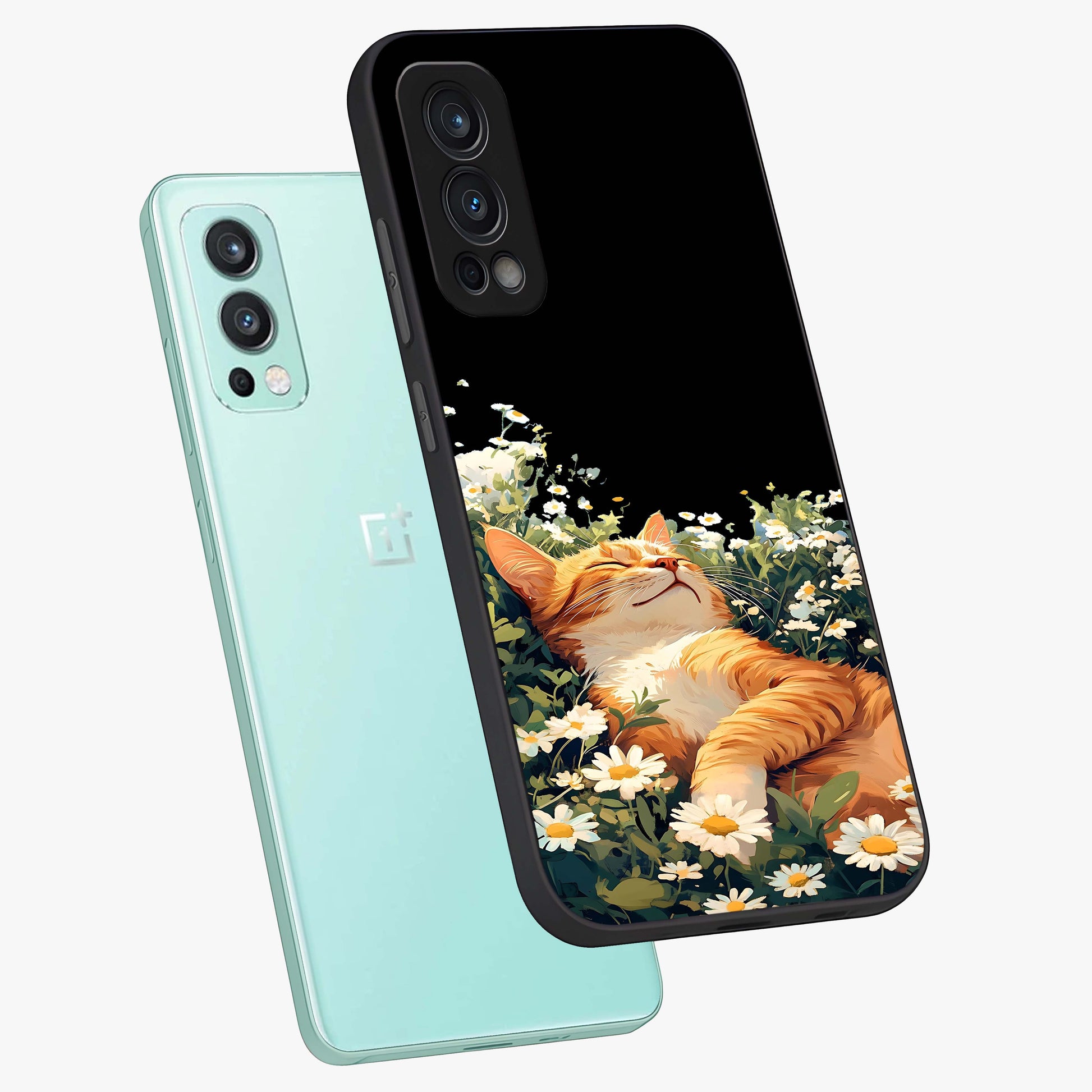 Blissful Bloom Cat Glass Case displayed in angled mockup highlighting playful feline illustration with soft floral aesthetic.
