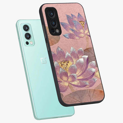 Blossom Mist Lotus Glass Case displayed in angled mockup highlighting delicate lotus illustration with calm aesthetic theme.