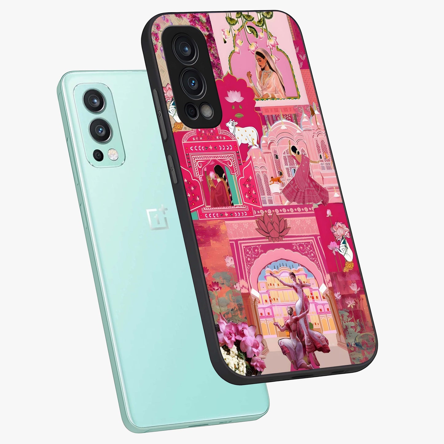 Blossoms of Rajasthan Glass Case displayed in angled mockup highlighting vibrant floral pattern with cultural aesthetic style.