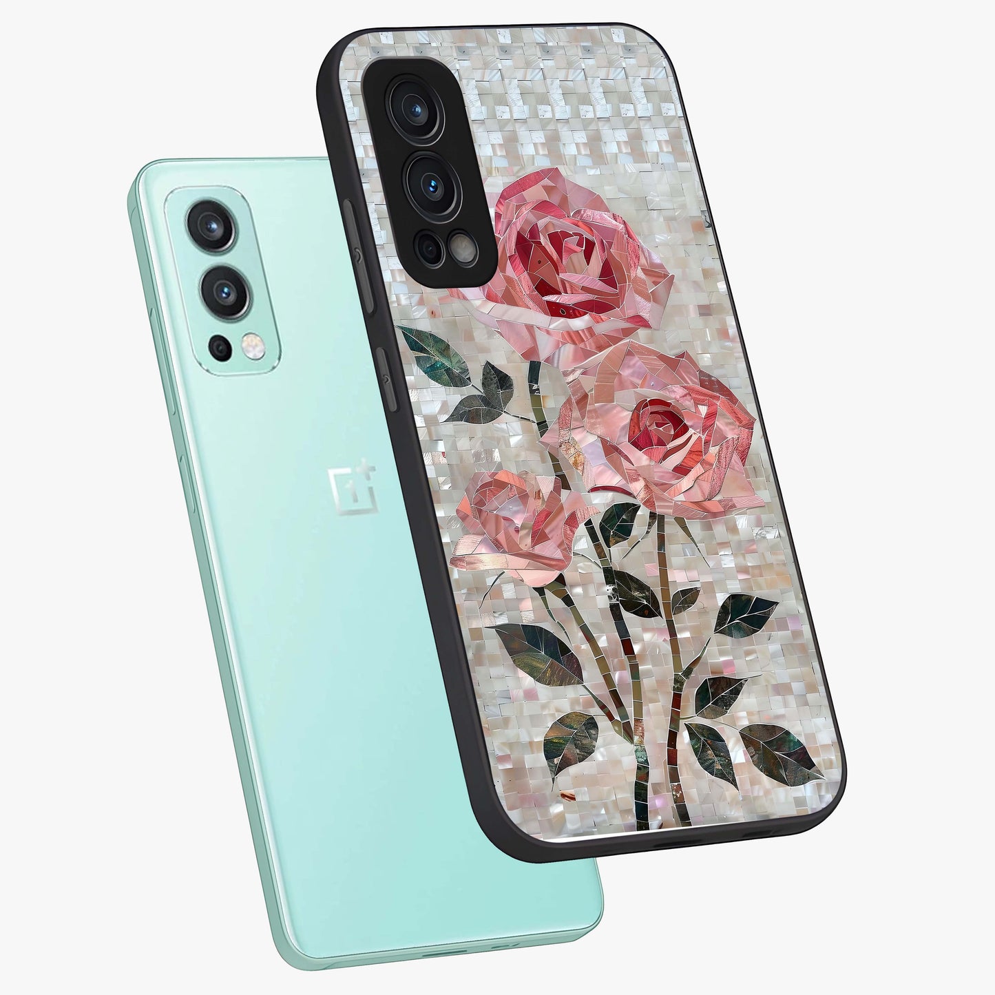 Blush Mosaic Bloom Glass Case displayed in angled mockup highlighting artistic mosaic flower pattern with aesthetic design.