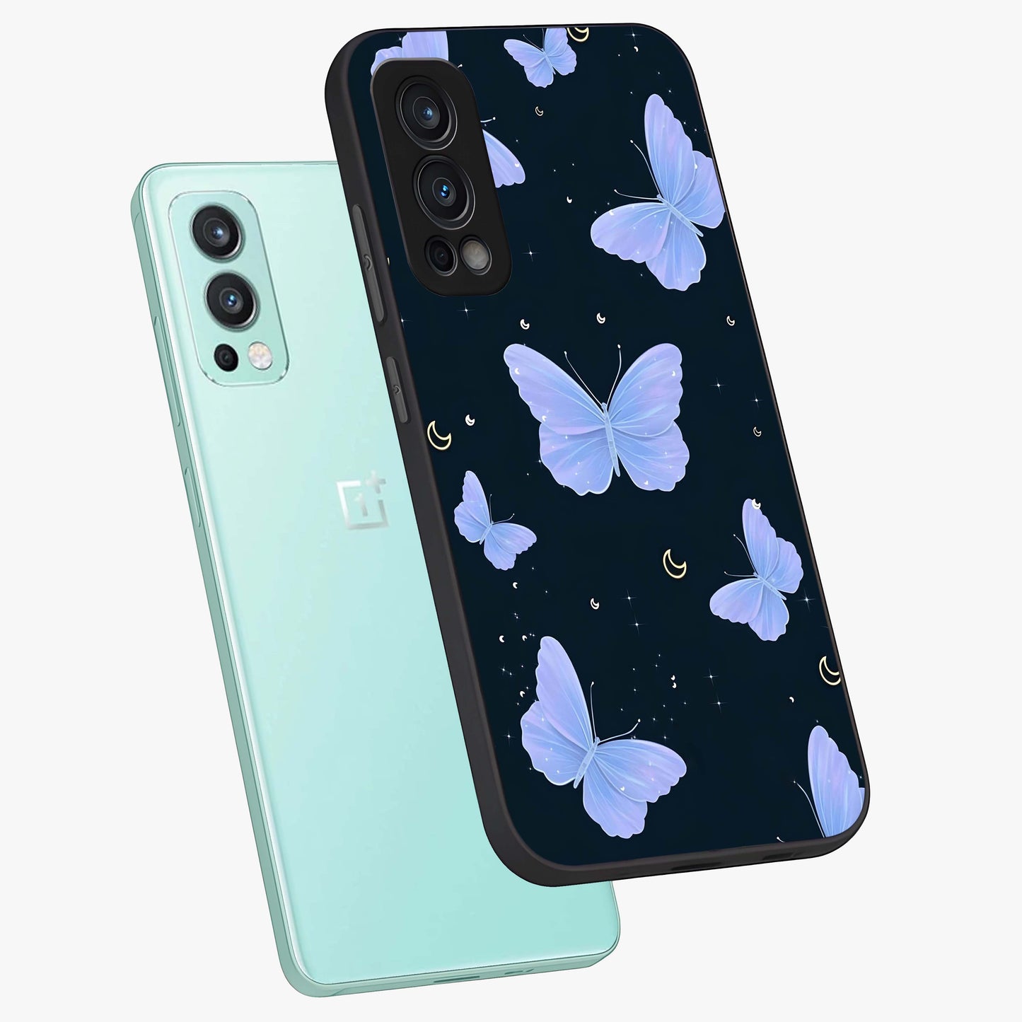 Butterfly With Stars Pattern Glass Case displayed in angled mockup highlighting dreamy butterfly and star design with aesthetic theme.