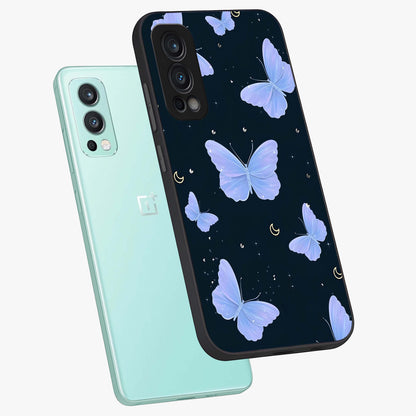 Butterfly With Stars Pattern Glass Case displayed in angled mockup highlighting dreamy butterfly and star design with aesthetic theme.