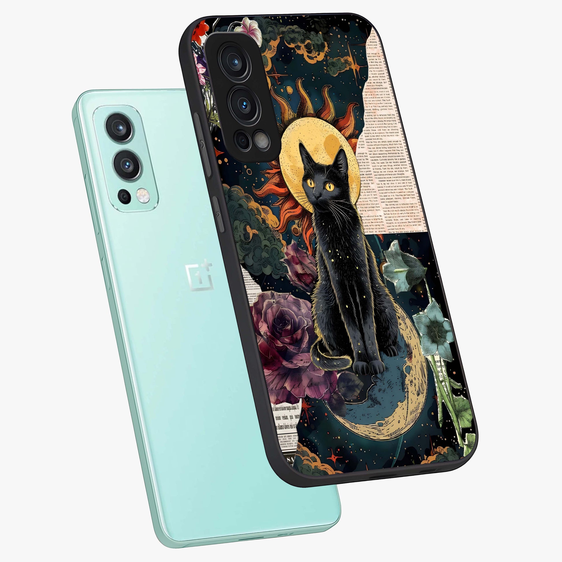Celestial Black Cat Glass Case displayed in angled mockup highlighting cosmic black cat design with celestial aesthetic.