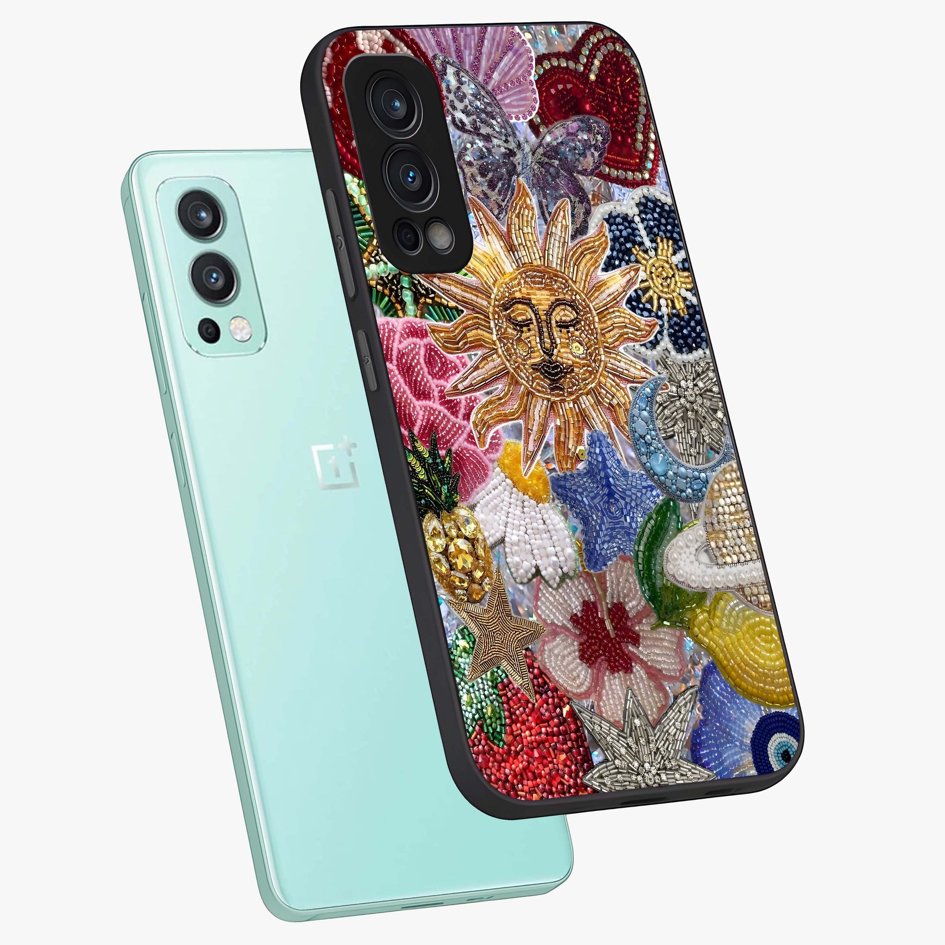 Celestial Floral and Playful Glass Case displayed in angled mockup highlighting playful floral design with dreamy celestial elements.