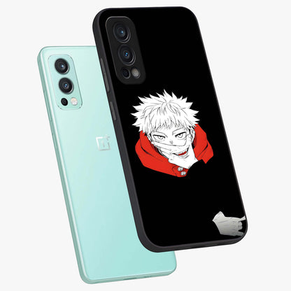 Crimson Chaos Smile Glass Case displayed in angled mockup highlighting edgy crimson smile design with graphic aesthetic.