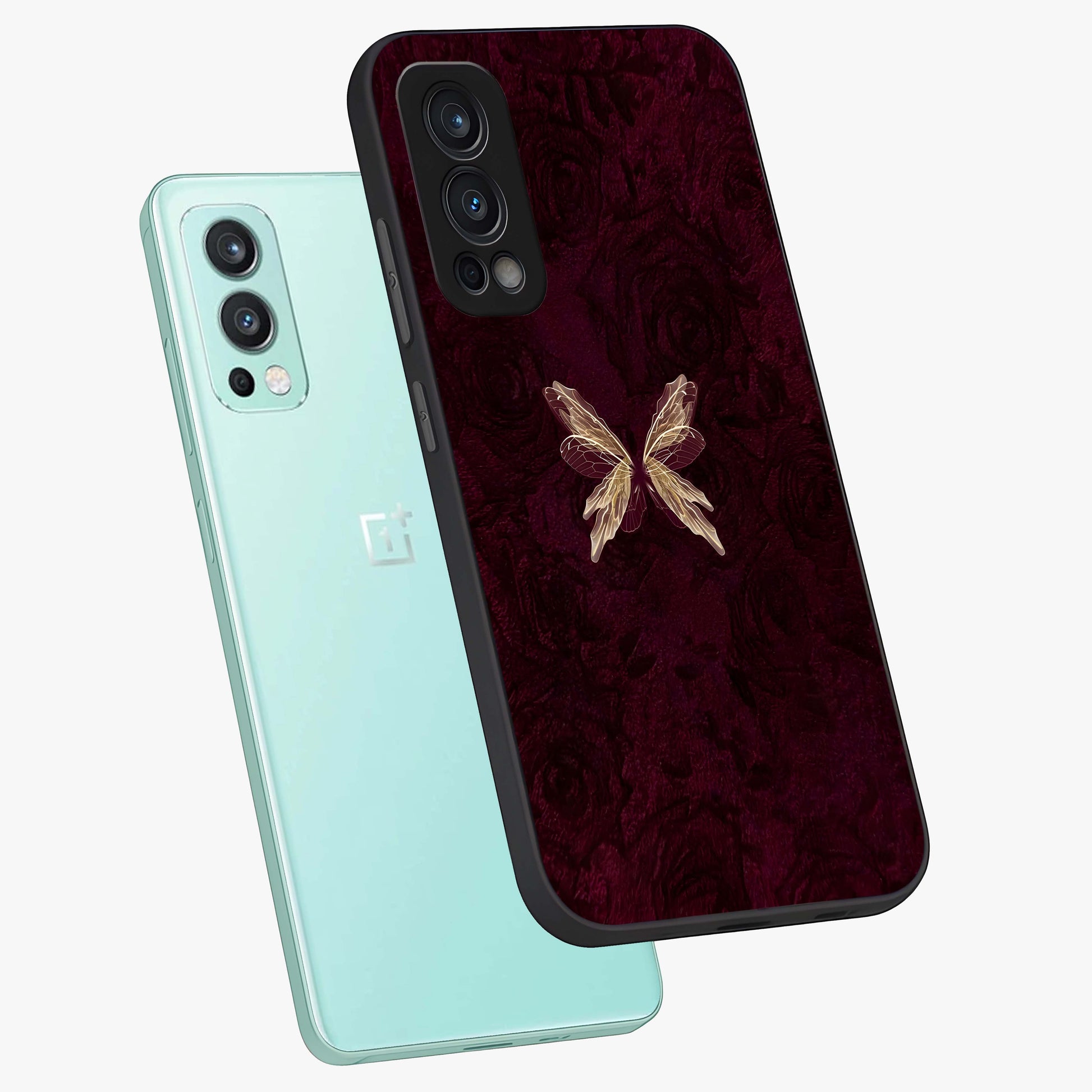 Crimson Fade Butterfly Glass Case displayed in angled mockup highlighting elegant butterfly design with crimson gradient aesthetic.