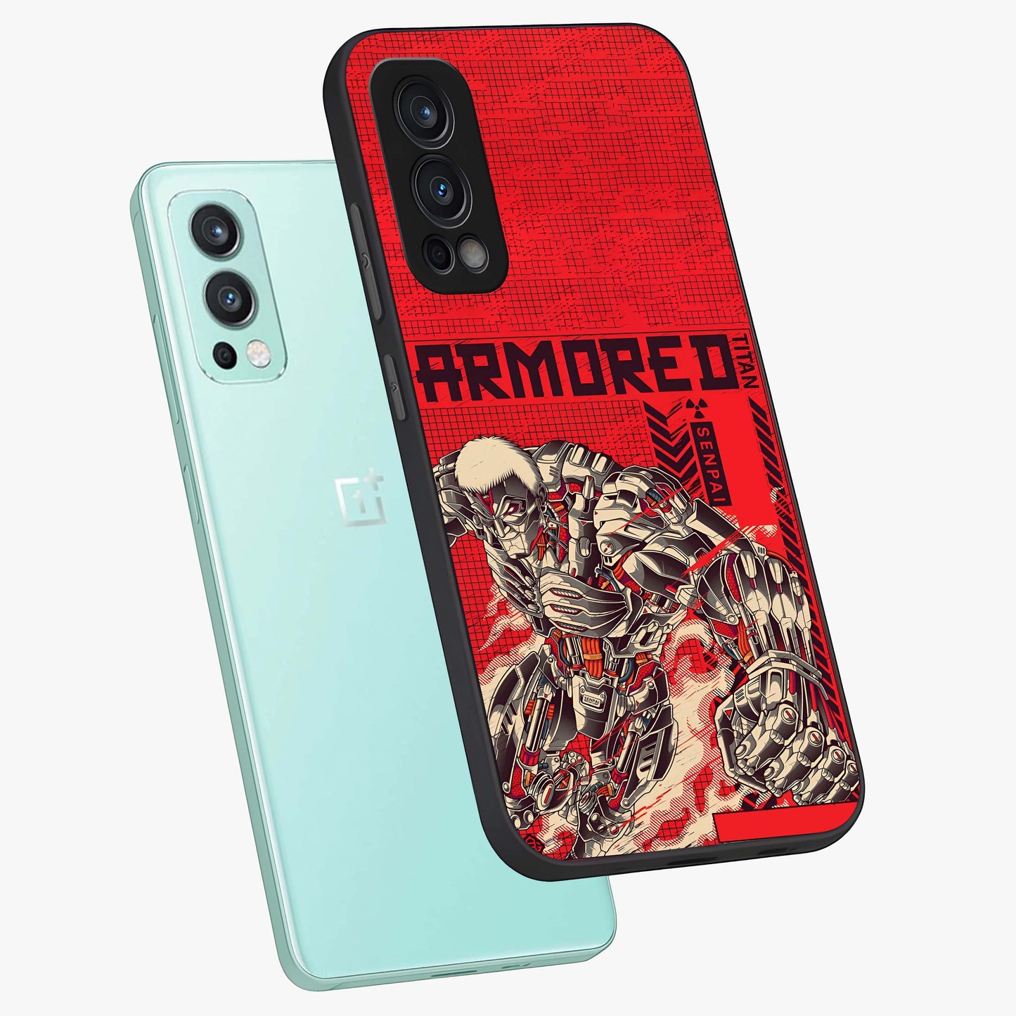 Crimson Mecha Titan Glass Case displayed in angled mockup highlighting futuristic mech illustration with bold crimson aesthetic.