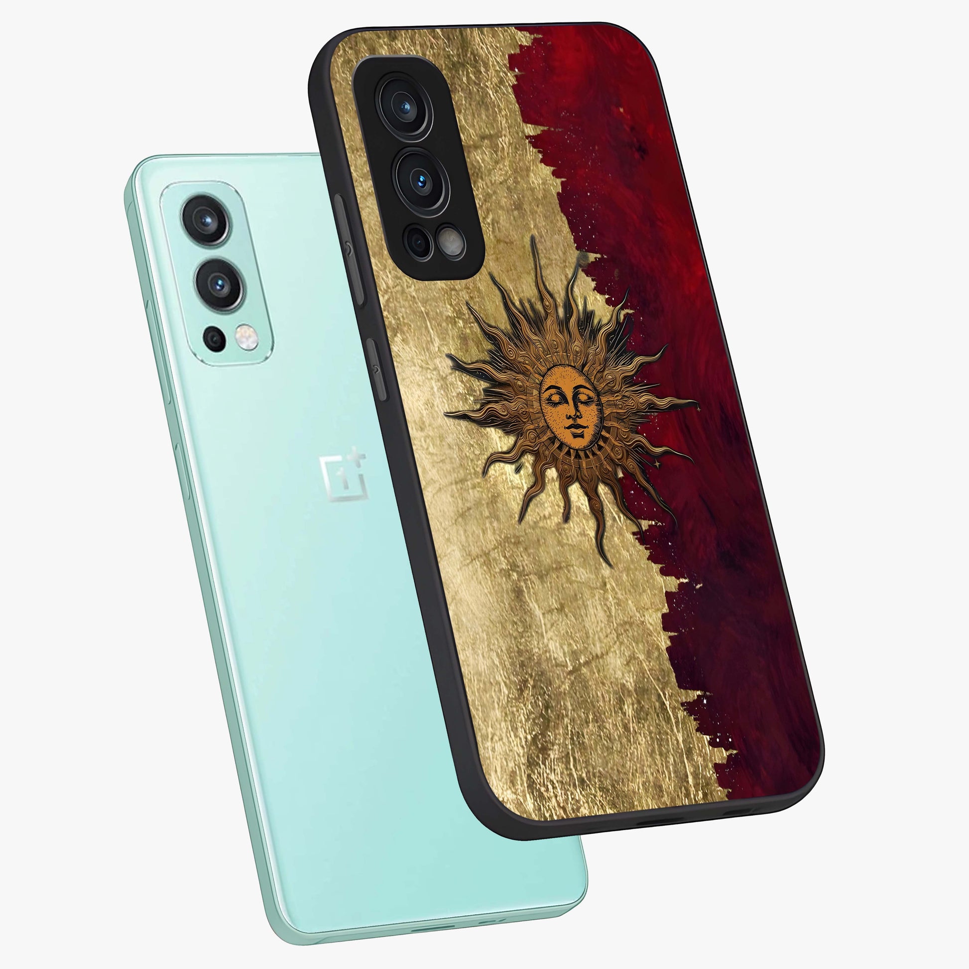 Crimson Sun Majesty Glass Case displayed in angled mockup highlighting majestic crimson sun design with bold aesthetic style.