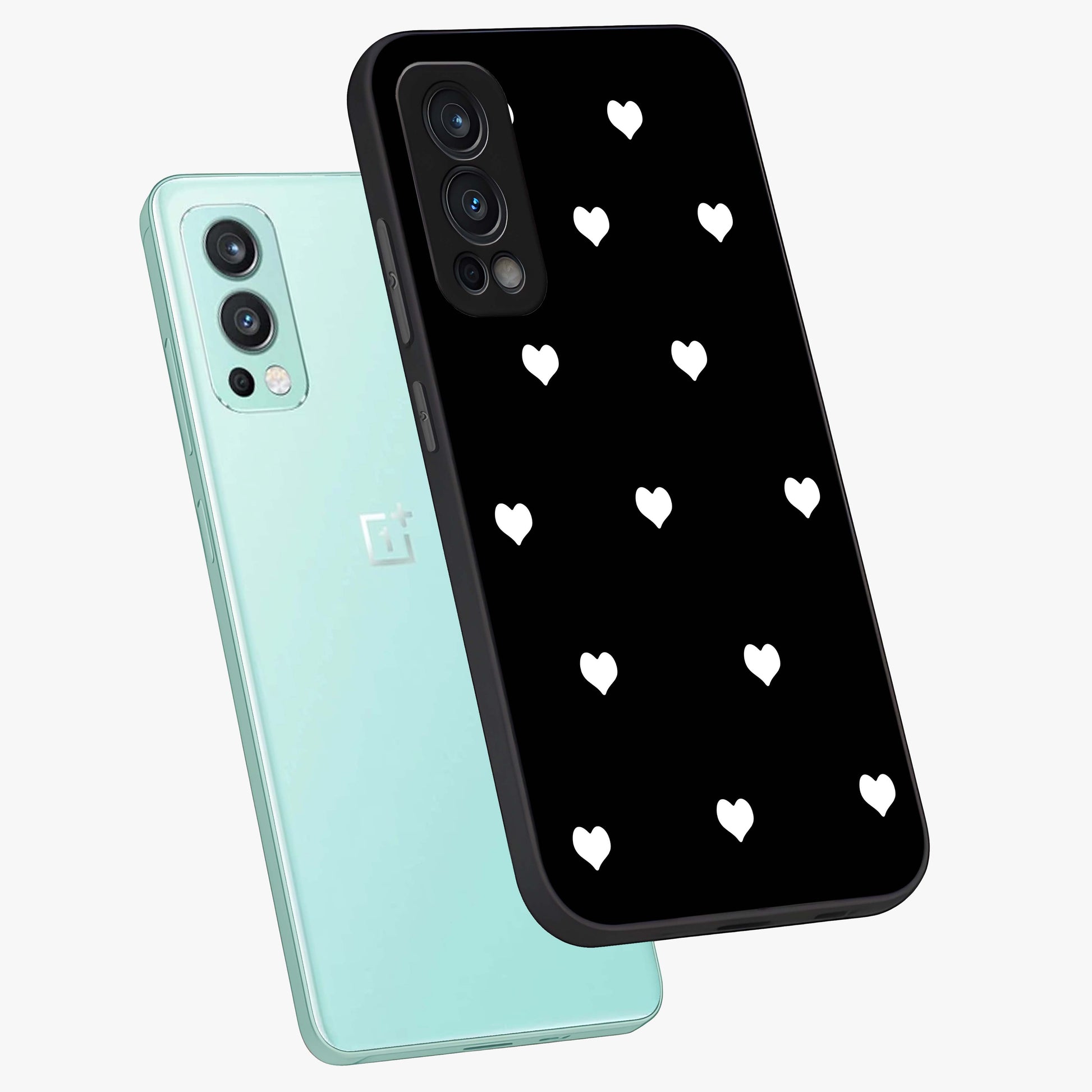 Cute And Simple White Hearts Glass Case displayed in angled mockup highlighting cute heart design with clean aesthetic style.