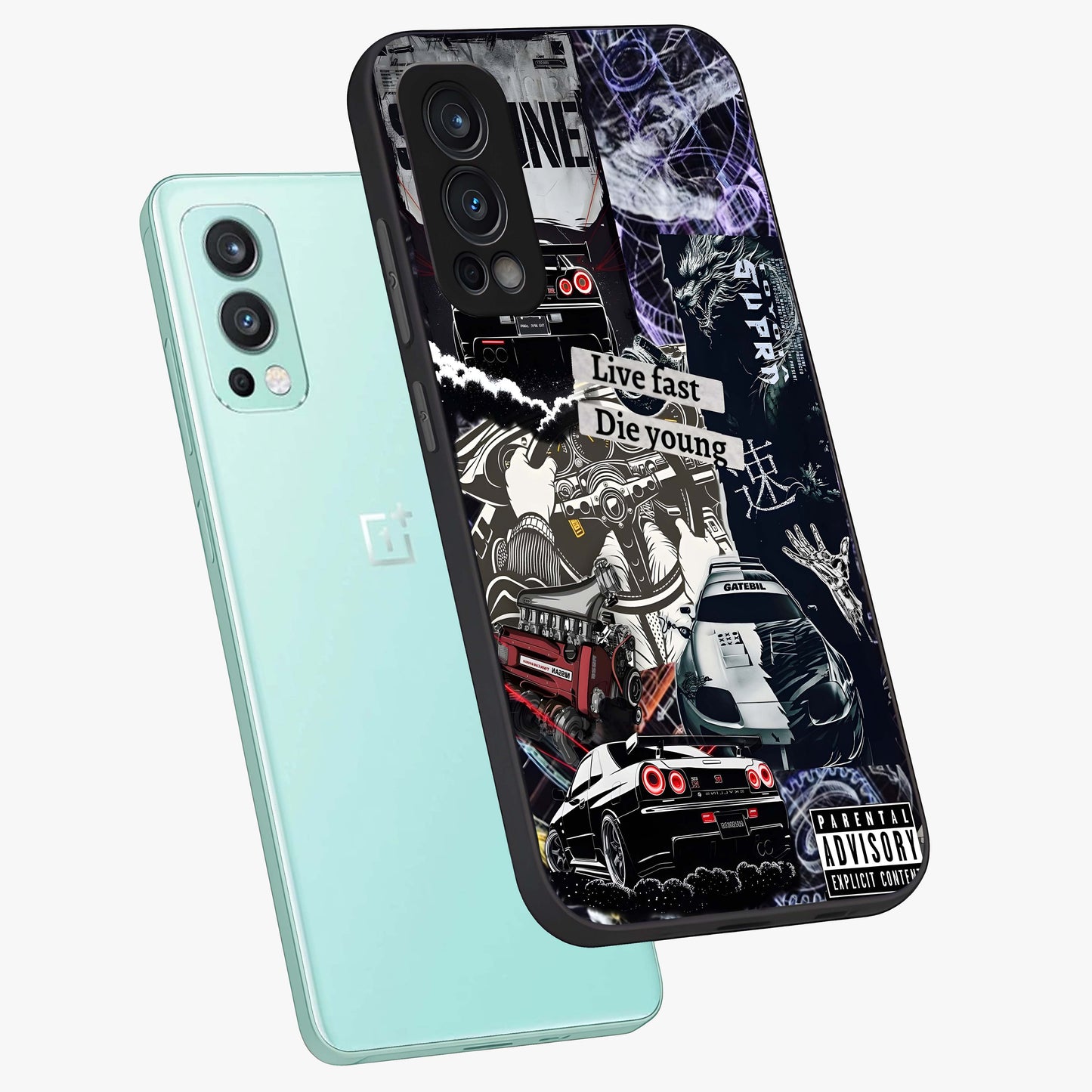 Die Young Glass Case displayed in angled mockup highlighting expressive graphic artwork with edgy aesthetic style.