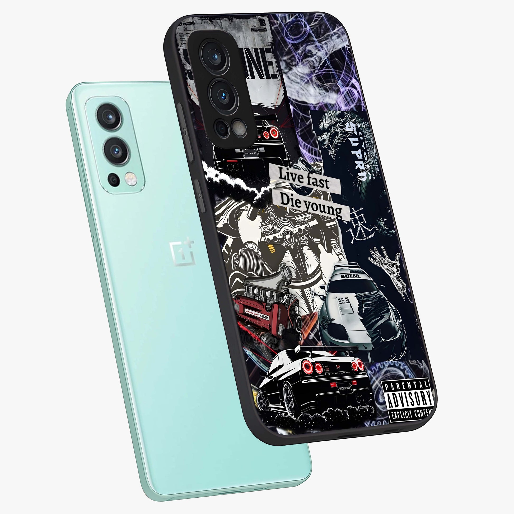 Die Young Glass Case displayed in angled mockup highlighting expressive graphic artwork with edgy aesthetic style.