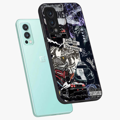 Die Young Glass Case displayed in angled mockup highlighting expressive graphic artwork with edgy aesthetic style.