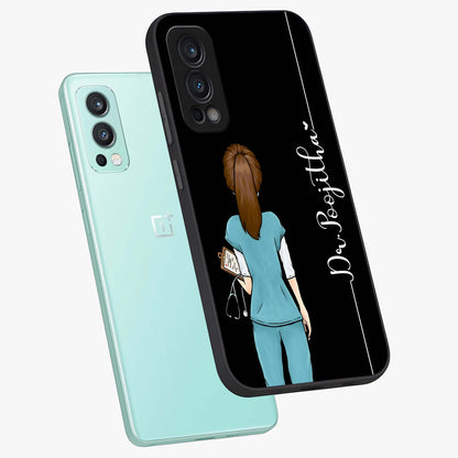 Doctor Pattern Custom Name Glass Case displayed in angled mockup highlighting doctor inspired artwork with custom name feature.
