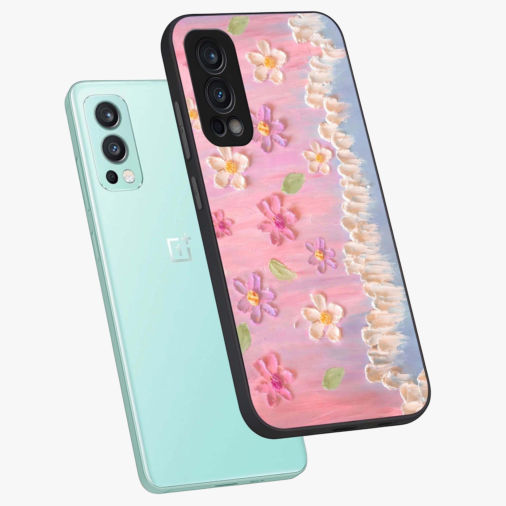 Dreamy Painted Garden Glass Case displayed in angled mockup highlighting colorful garden illustration with dreamy aesthetic style.