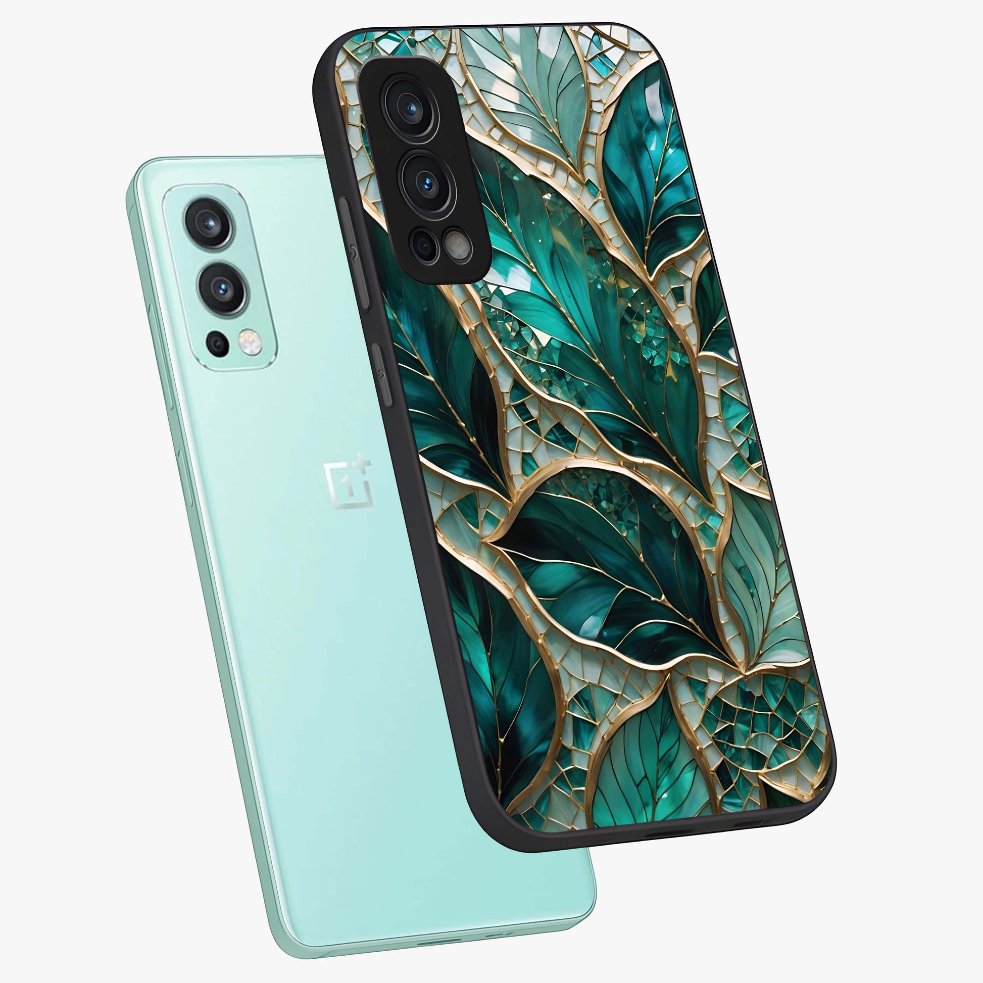 Emerald Leaf Glass Glass Case displayed in angled mockup highlighting botanical leaf illustration with elegant natural aesthetic.