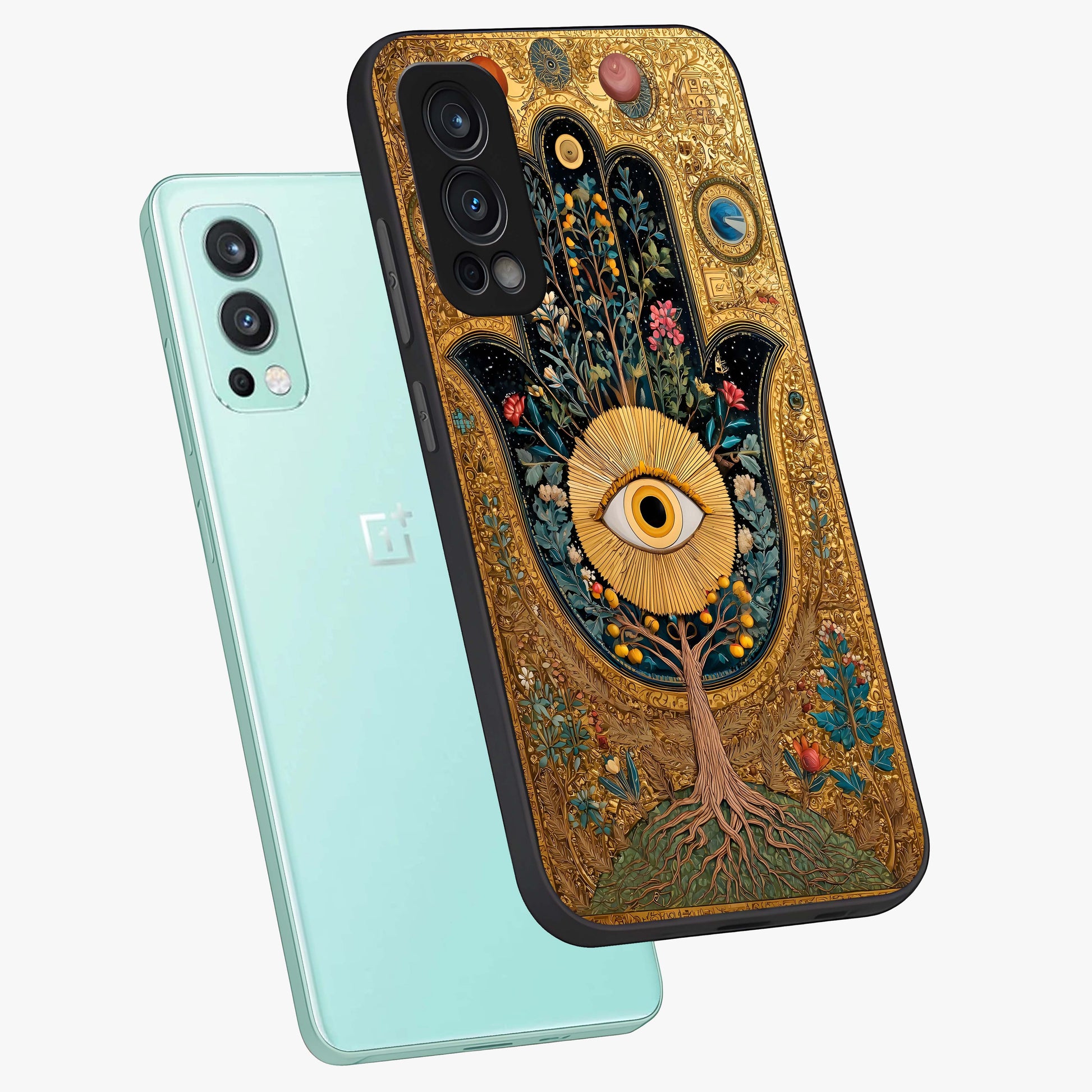 Ethereal Evil Eye Glass Case displayed in angled mockup highlighting protective evil eye symbol with spiritual aesthetic design.