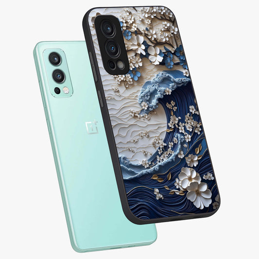 Floral Wave Origami Glass Case showing flat back view with origami inspired floral wave artwork and glossy glass finish.