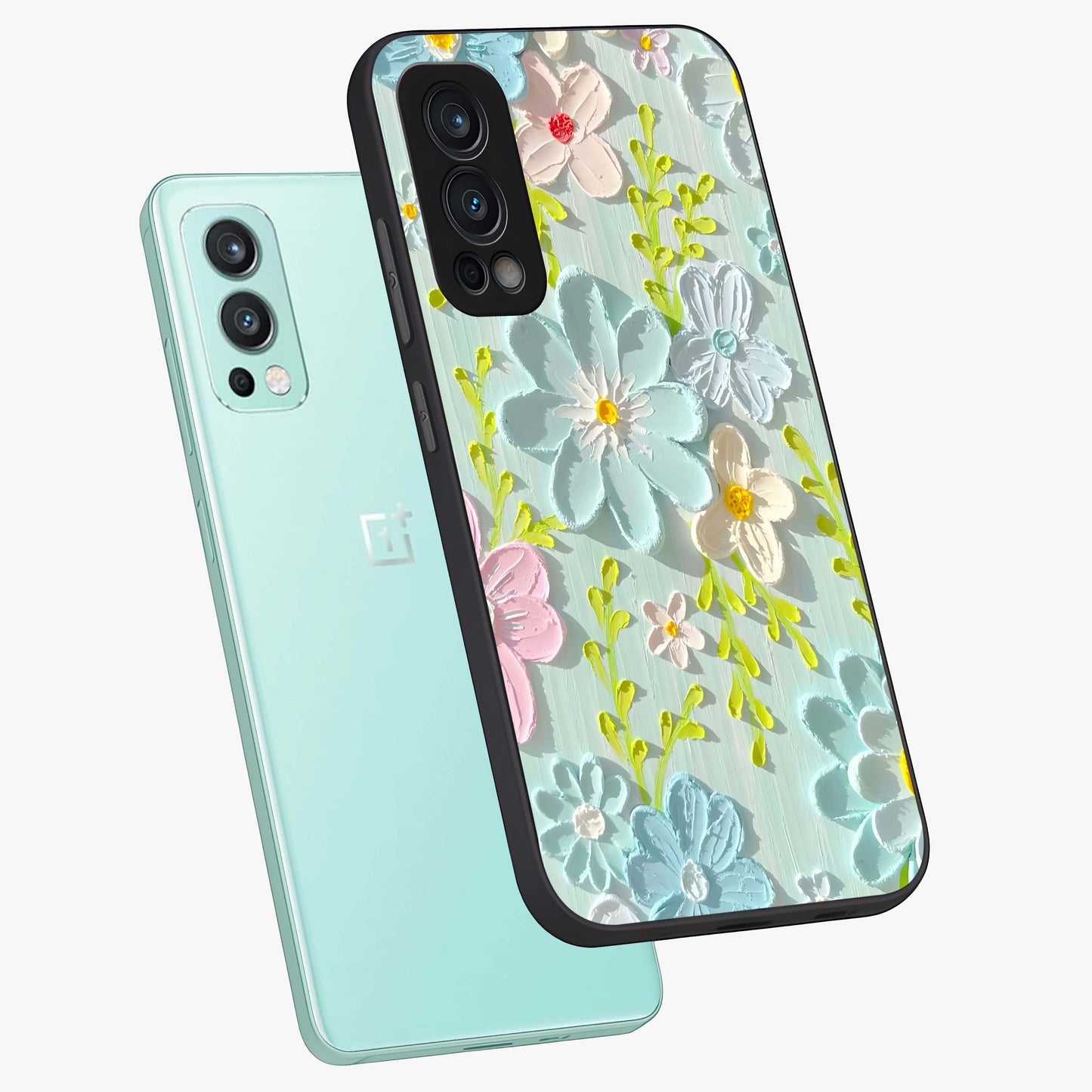 Frosted Petal Garden Glass Case displayed in angled mockup highlighting delicate flower petal design with calm garden aesthetic.