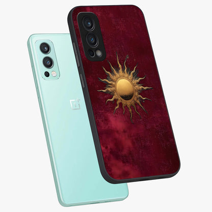 Golden Sun Minimalism Glass Case displayed in angled mockup highlighting clean sun symbol design with modern minimal aesthetic.