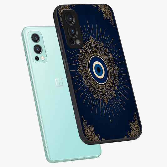 Golden Evil Eye Mandala Glass Case showing flat back view with intricate evil eye mandala artwork and glossy glass finish.