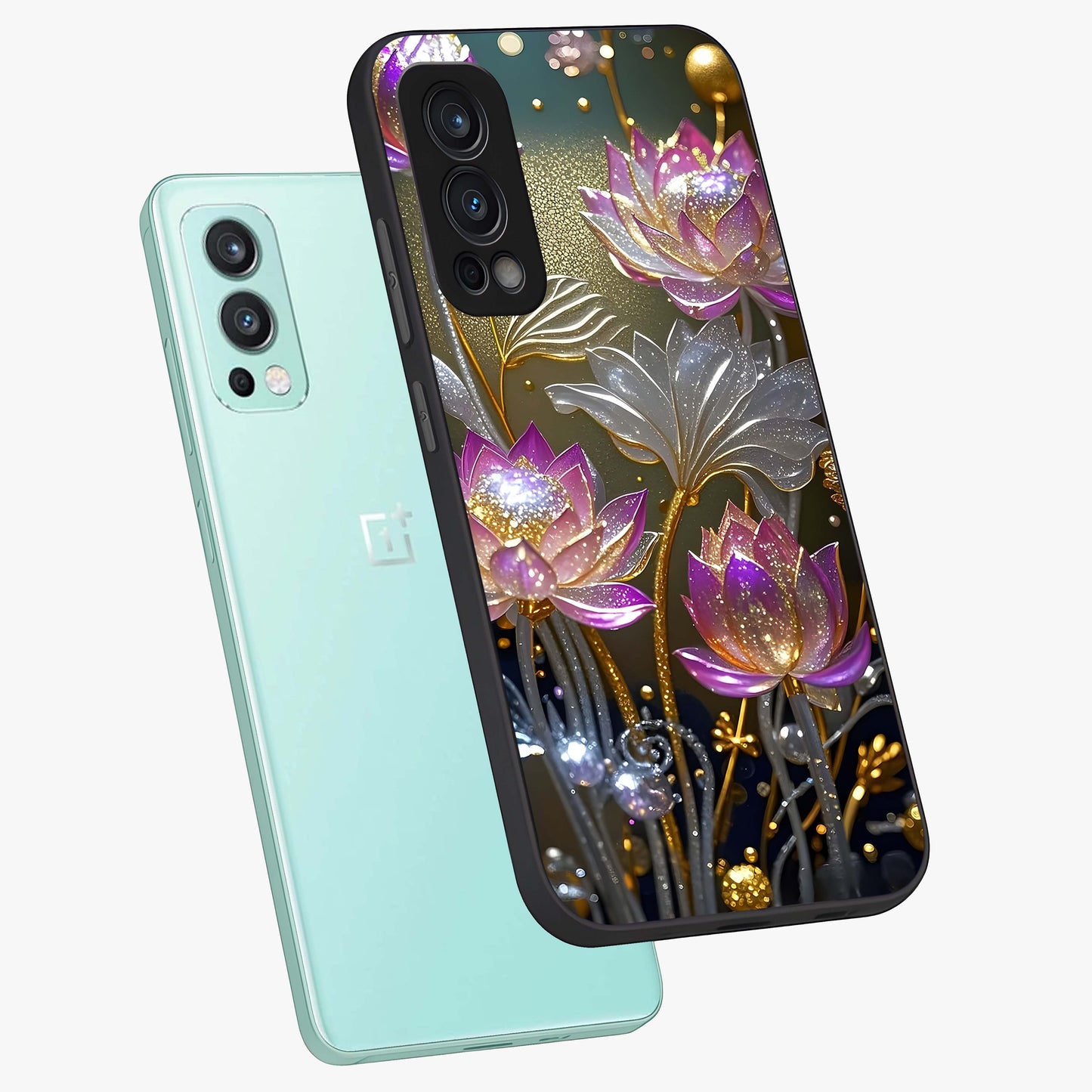 Golden Floral Majesty Glass Case displayed in angled mockup highlighting elegant flower design with royal golden aesthetic.