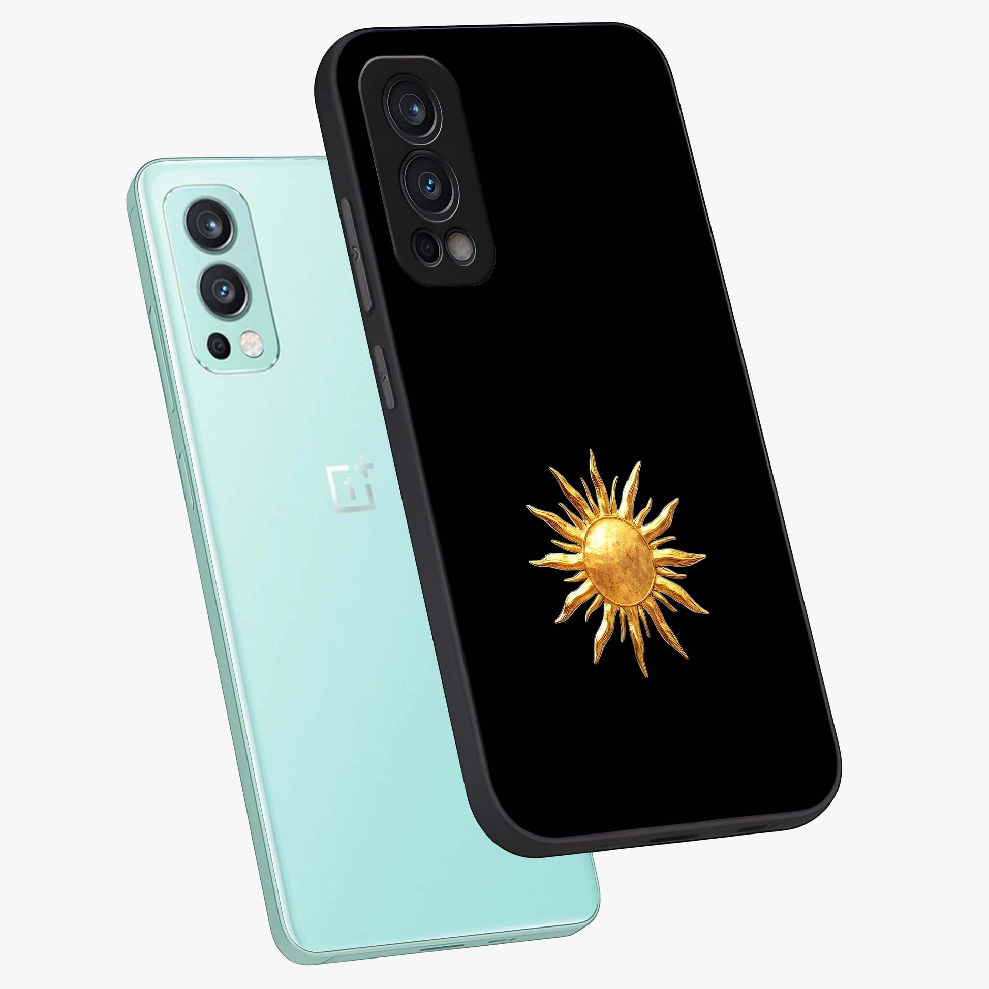 Golden Sun Minimalism Glass Case displayed in angled mockup highlighting eerie shadow illustration with gothic aesthetic.