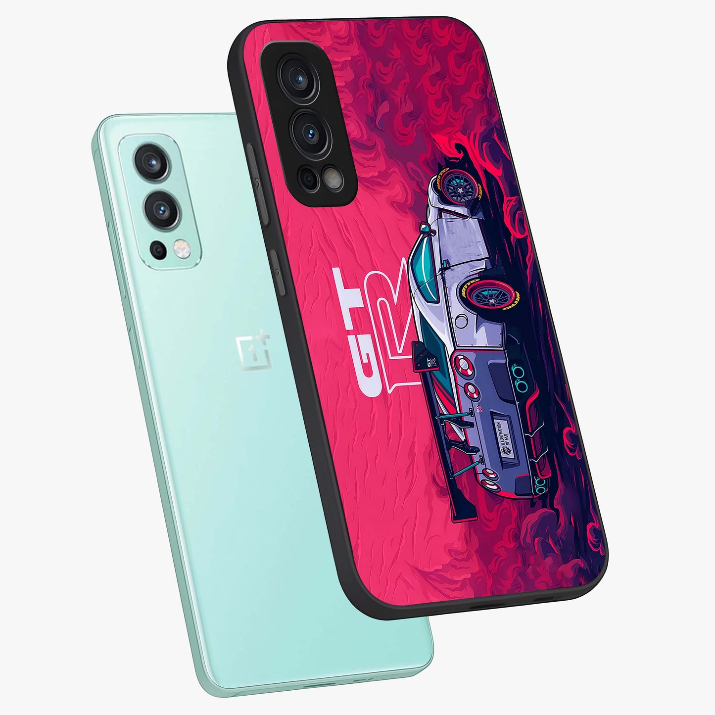 GT-R Car Pattern Glass Case displayed in angled mockup highlighting racing car graphic design with bold automotive aesthetic.