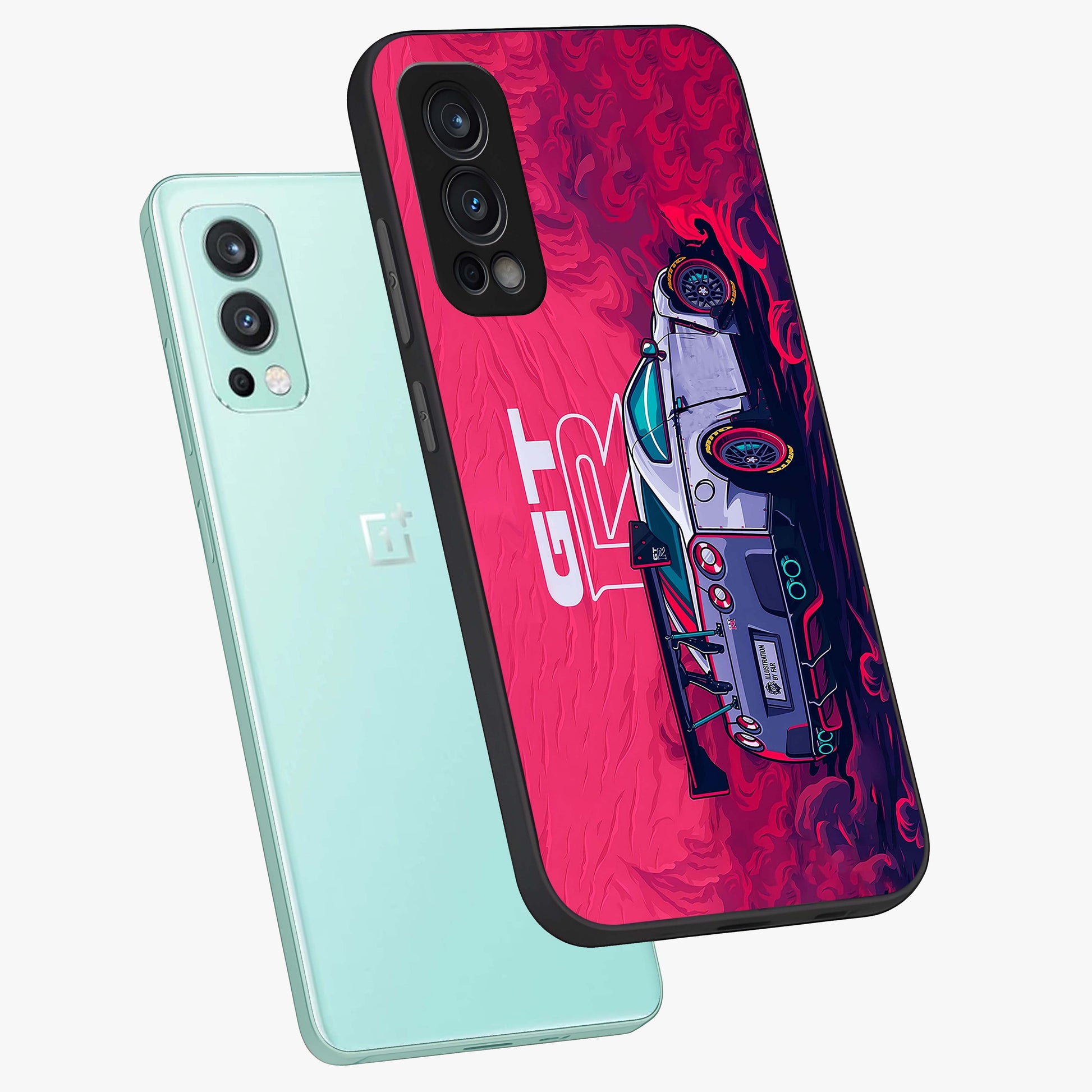 GT-R Car Pattern Glass Case displayed in angled mockup highlighting racing car graphic design with bold automotive aesthetic.
