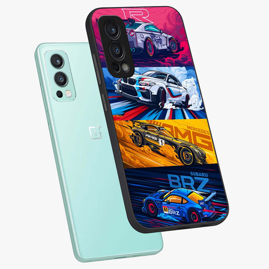 JDM Sports Car Glass Case showing flat back view with high performance sports car artwork and glossy glass finish.
