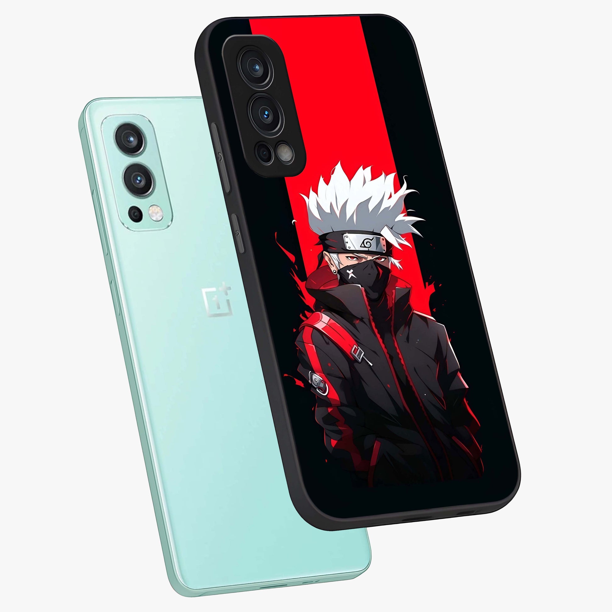 Kakashi Scarlet Shadow Glass Case displayed in angled mockup highlighting dramatic ninja illustration with scarlet themed aesthetic.
